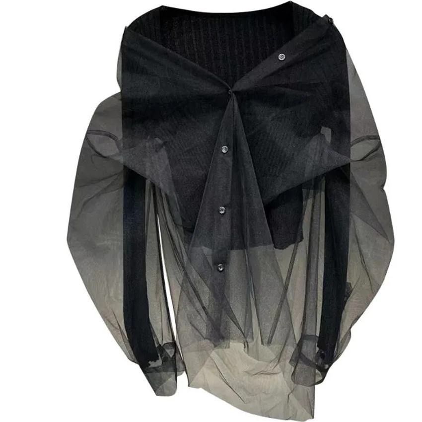 

Fashion New Spring Knitted Cardigan Women V-neck Mesh Stitching Fake Two Short Outwear