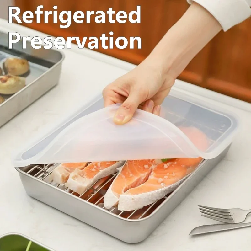 Food Storage Trays Rectangle Preservation Box with Plastic Cover Stainless Steel Multi-Function Rustproof Barbecue Food Storager 4