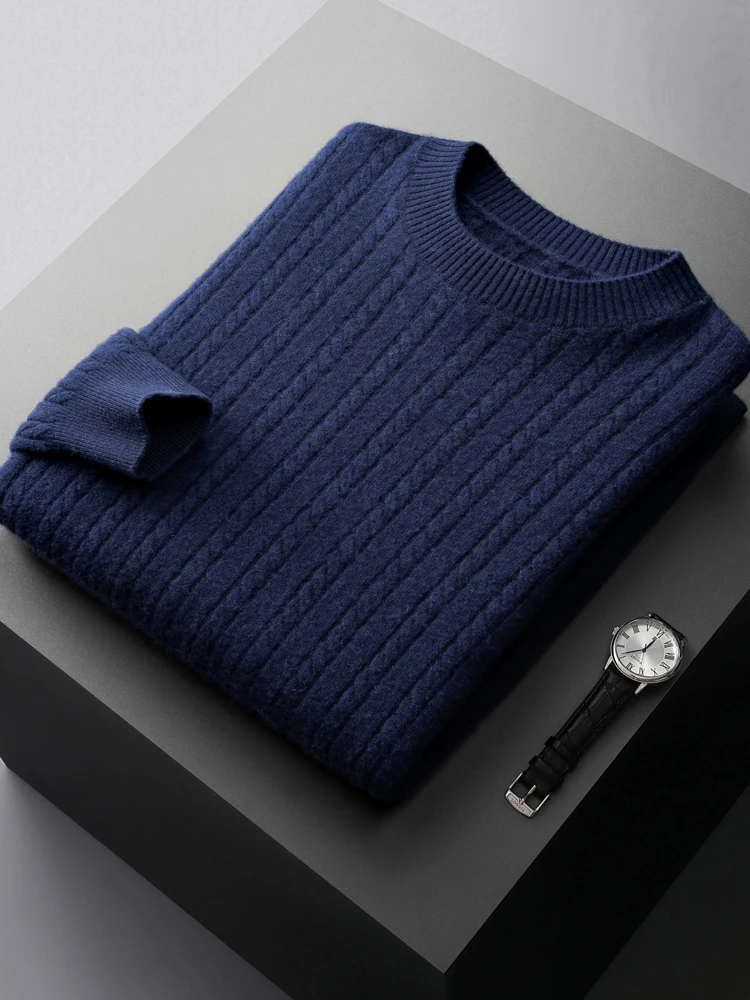 Men's 100% Pure Goat Cashmere Sweater Winter New O-Neck Knit Pullovers Youth High-End Warm Tops Plus-Size Jacquard Shirt