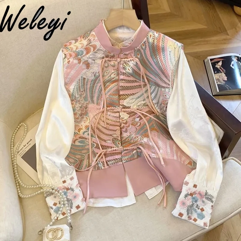 New Chinese Style Modified Shirt for Women 2024 Spring and Autumn Cute Long Sleeve Embroidered Shirt Unique Chic Cardigan Blouse