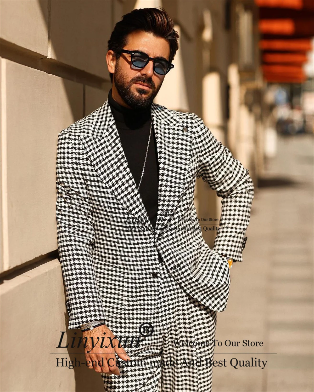 

Fashion Houndstooth Men Suits 2 Pieces Set Black White Plaid Groom Wedding Tuxedos Business Male Prom Blazer terno masculino