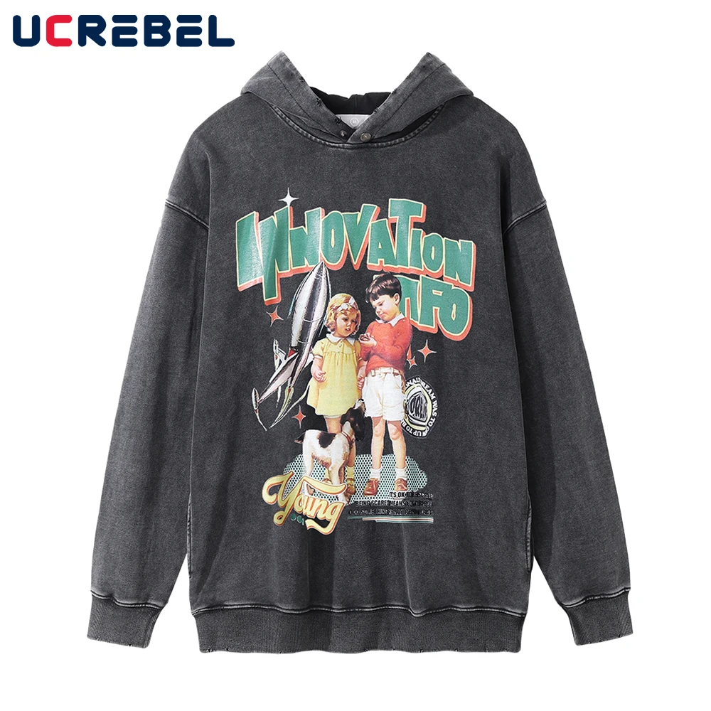 

Portrait Print Loose Sweatshirts Mens Autumn Casual Side Pockets Streetwear Washed Distressed Retro Long Sleeve Hoodies Men