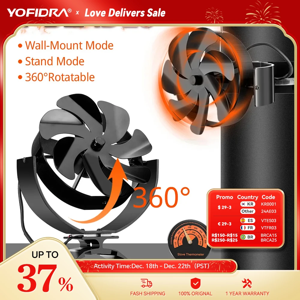 

Yofidra 7 Blades Black Fireplace Fan Multifunction Log Wood Burner Ecological Efficient Home Heat Distribution Quiet Stove Fan