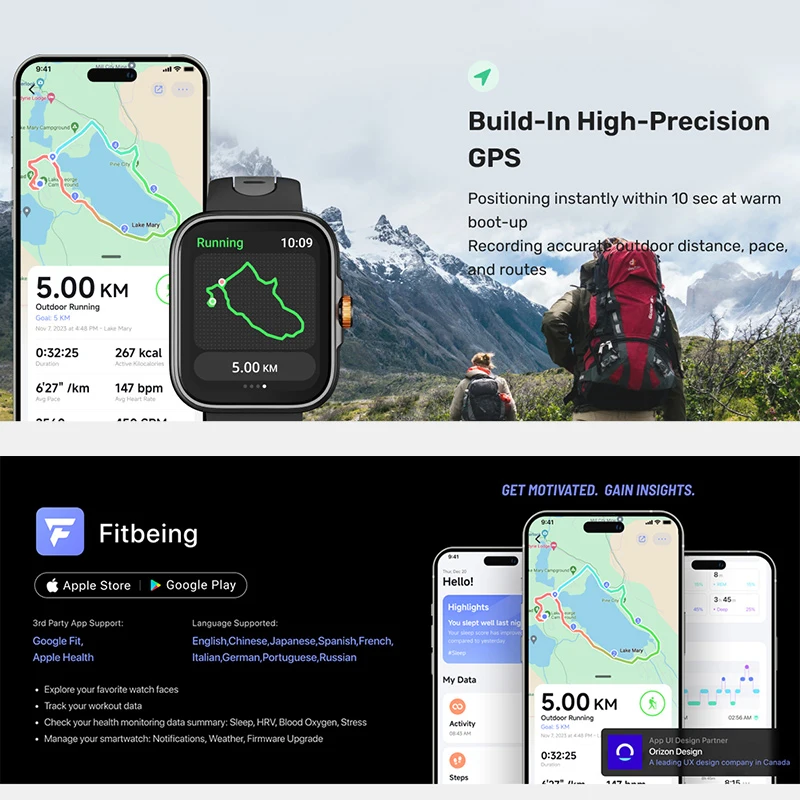 AMOLED HD ÷ Ʈ ġ 2024 GPS  ȭ, 24 ð ǰ ,  ͸  Ʈġ, 1.78 ġ