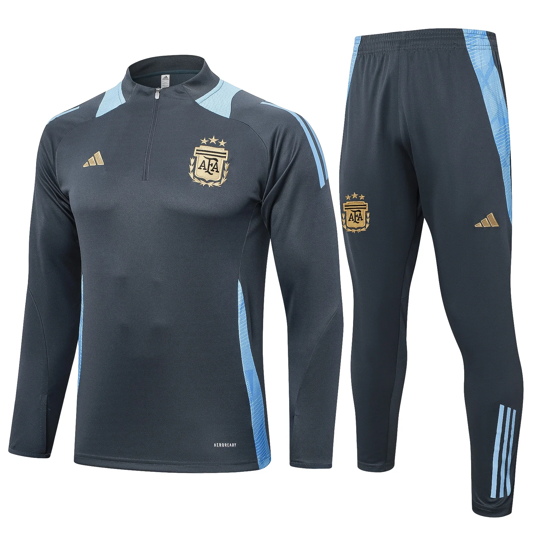 Adidas Soccer Jerseys Men Quick-dry Long-sleeved Zippered Fashionable Trendy Sportswear Training Suit Blue and Grey