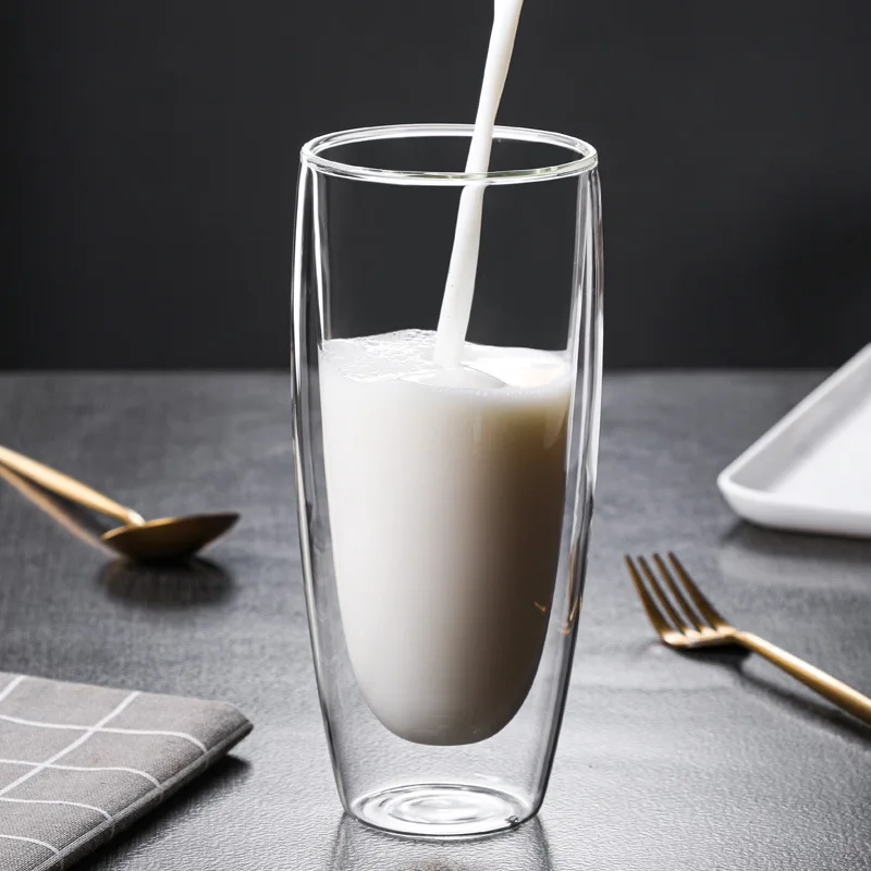 이중벽 유리 커피 우유 컵, 차가운 음료 주스 맥주 물병, 가정용 바 창의적인 음료 용기, 600ml 대용량