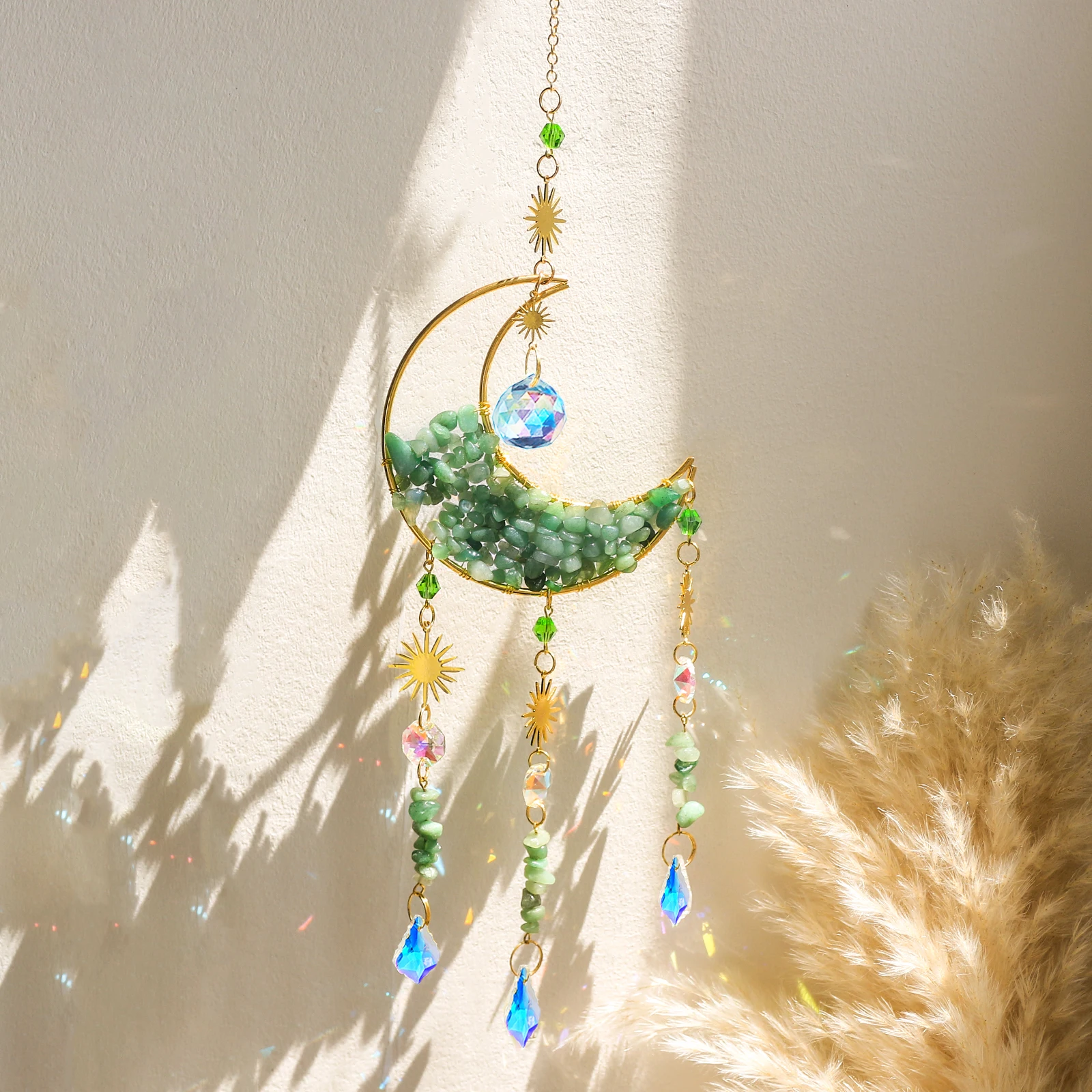 Crystal Suncatcher Moon Star Wall Hanging Decor Healing Crystals Rainbow Maker for Garden Outdoor Decoration Spring Window Decor