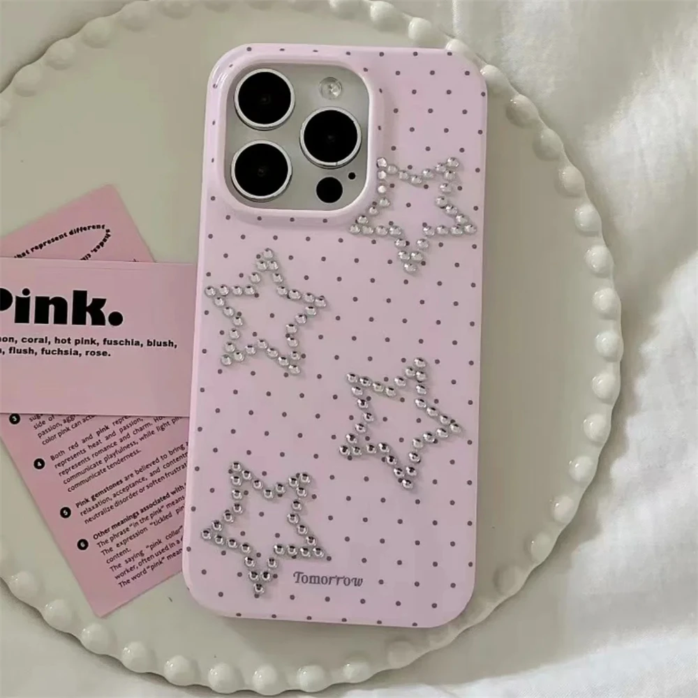 Phone case,iphone case Y2K Korean Chic Glitter Rhinestone Star Phone Case For iPhone 16 15 14 13 Pro Max Cute Polka Dot Back Cover Funda