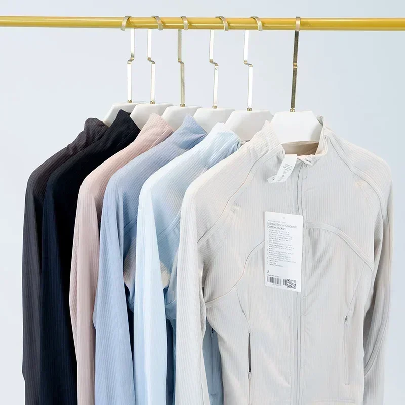 Lemon Women Ribbed Cropped Define Stand Neck Jacket Lightweight Breathable High Elastic Tight Sport Coat Outdoor Fitness Top