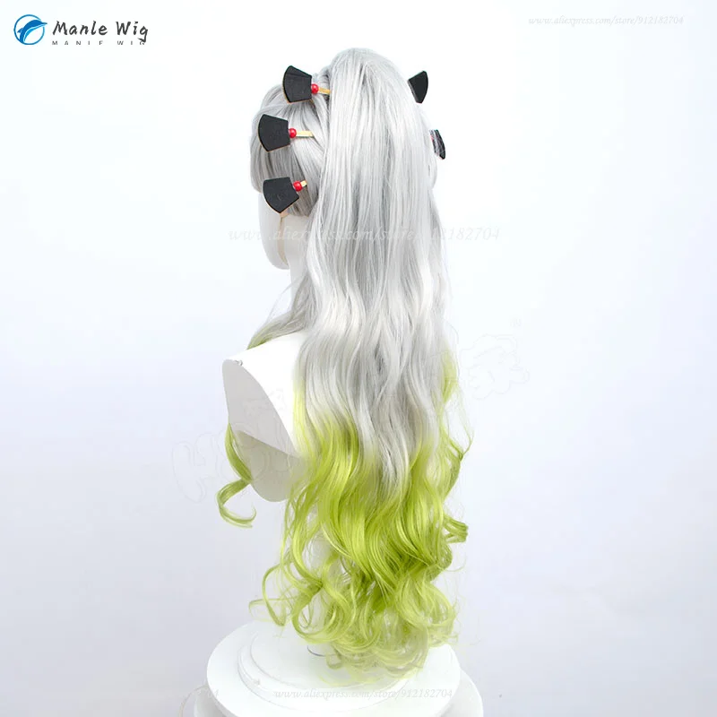 Anime Daki Cosplay Perücke 100cm Grau-Grün Ombre Zopf Hitzebeständig + Gratis Wig Cap 6