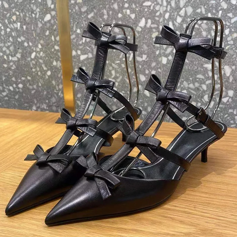 

Pointy Toe Bow Sandals Kitten Heels T Straps Fashion Leather Slingback Ankle Strap Sexy Women Summer Hollow Dress Party Shoes