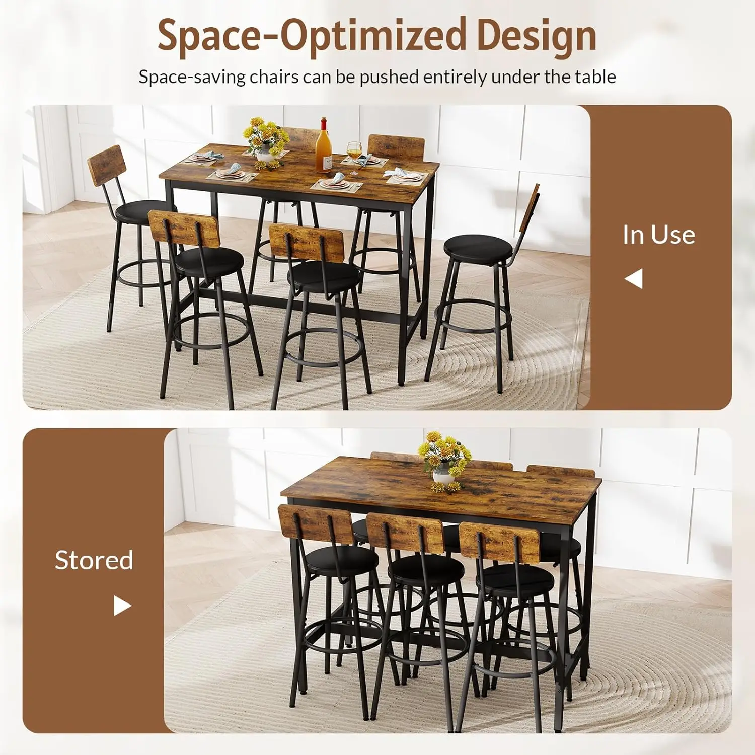 new-Dining Table Set for 6, Bar Table and Chairs Set, 6 Piece High Top and Chairs, Modern Counter Height Pub