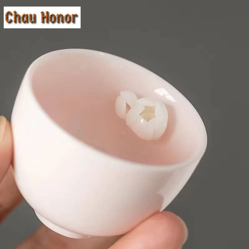 2pc/lot Kneading Flower Mutton Fat Powder Jade Teacup Aesthetic Tea Bowl Tea-tasting Fragrance Cup Master Cup Drinkware 40ml