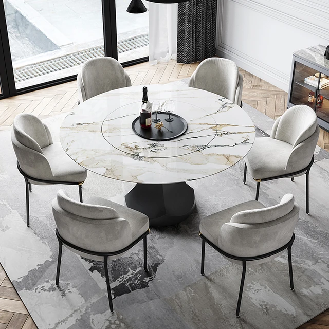 Light Luxury Rock Board Dining Table Carbon Steel Frame Minimalist  Restaurant Round Table With Turntable Suitable For Apartment - AliExpress