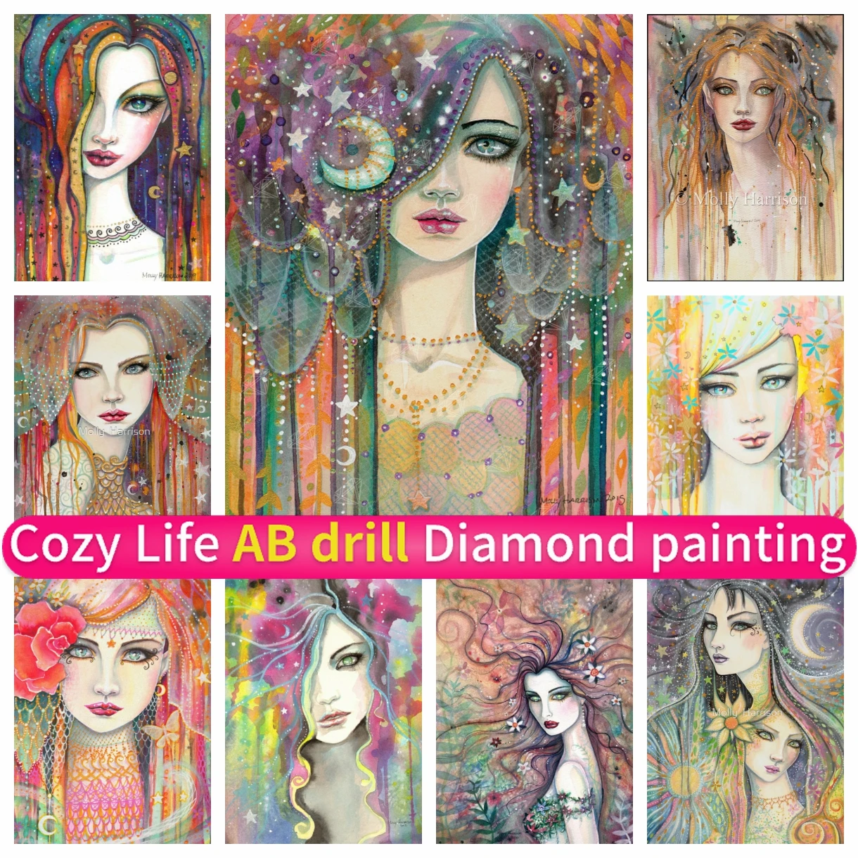 

DIY Art Mosaic AB Diamond Painting 5D Gypsy Boho Woman Portrait Handmade Corss Stitch Kit Rhinestones Full Drill Round Square