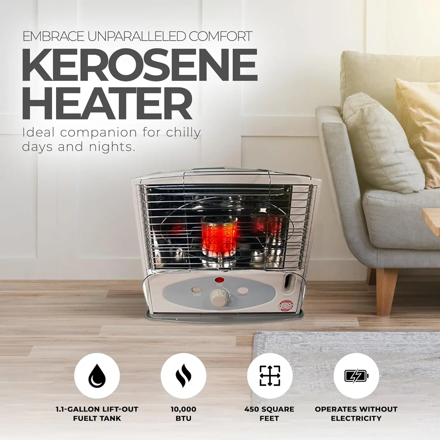 World 10,000 BTU Kerosene Wick Heater with Glass Burner System, Sure-Seat Chimney System, and Removable 1.1 Gallon Fuel Tank, Gr 2