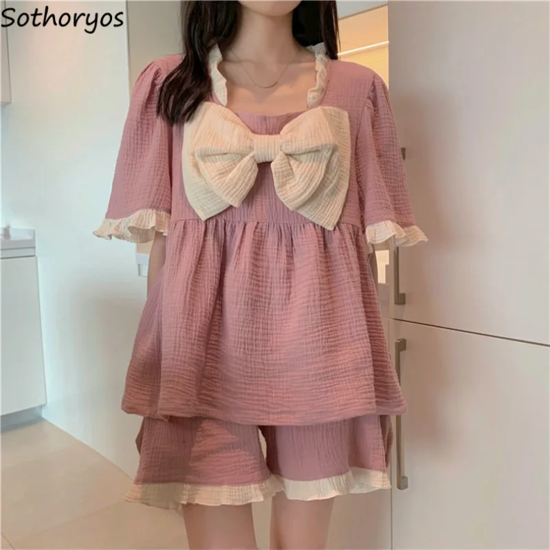

Summer Pajama Sets Women Bow Cute Schoolgirl Pink Patchwork Lovely Homewear Stylish Breathable Basic Baggy Korean Short Sleeve