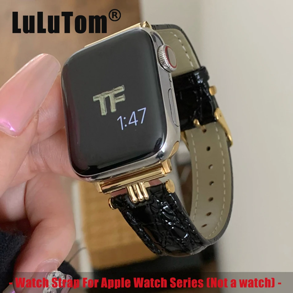 

Crocodile PU Leather Strap For Apple Watch Series 9 8 7 6 5 SE 4 3 38/40/41/42/44/45mm Luxury Metal Band For iWatch UItra 2 49mm