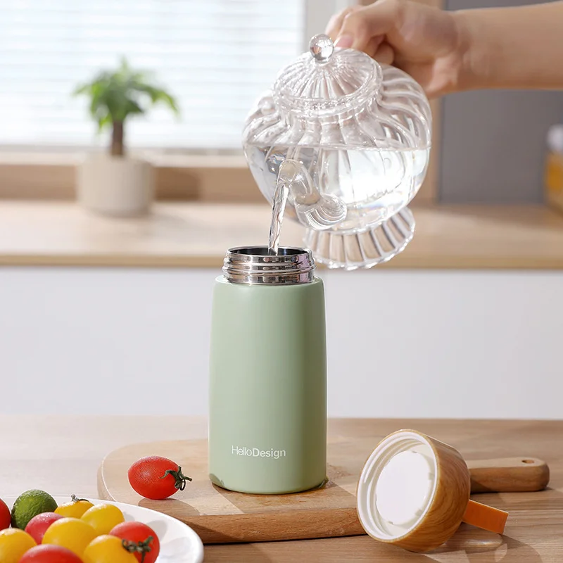 이중 벽 절연 보온병 304 스테인레스 스틸 진공 플라스크 야외 휴대용 280ml 나무 워터 컵 미니 진공 물병