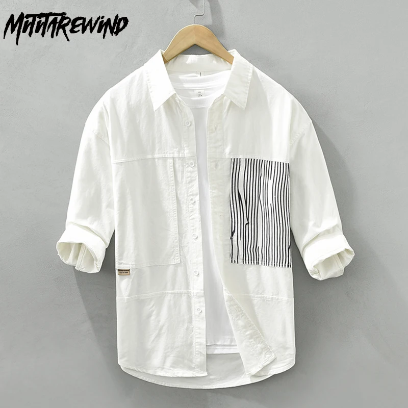 

Japanese White Shirt Men Summer Daily Casual Half Sleeve Top Cotton Loose Stripe Patchwork Design Shirts Youth Fashion Clothes