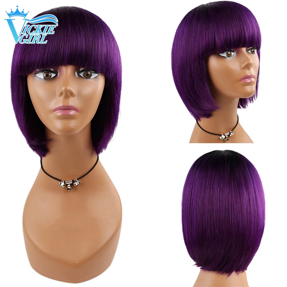 Short Straight Bob Wigs with Bangs Brazilian Ombre Blonde Cute Bob Cut Wig 8-10inch Natural Human Hair Wigs For Women