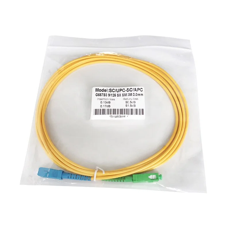 Fiber Optic Patch Cord SC/APC-SC/UPC,1 Meter Length SM SX Single Mode Simplex 3.0MM Diameter PVC Telecom Optical Jumper