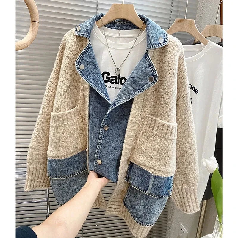 2023 New Autumn Winter Women Splicing Denim Jacket Women Long Sleeve Jean Jackets Female Loose Sweater Cardigan Jacket 2