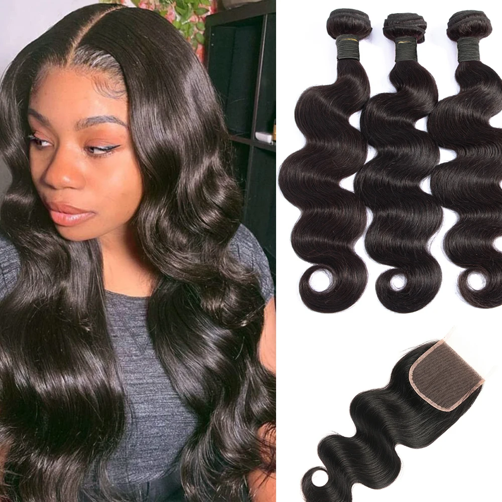 

Body Wave Bundles Human Hair Closure Brazilian Water Wave Bundles 4x4 Lace Closure Body Wave Human Hair 3 Bundles with Closure