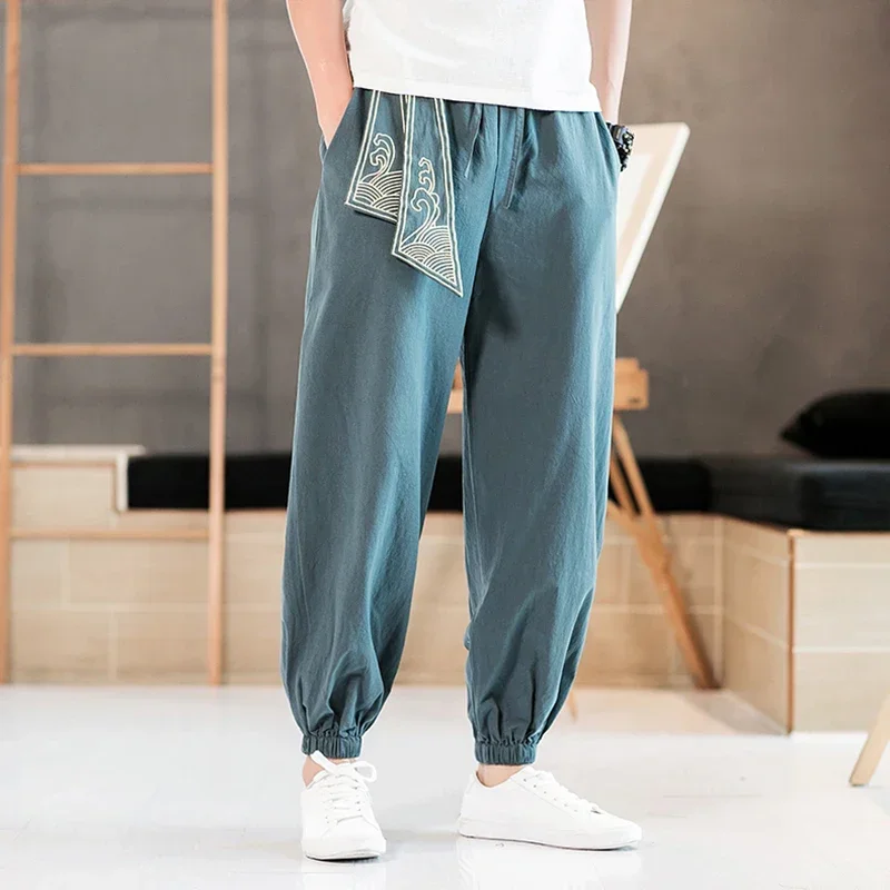 Zen Tea Men Chinese Style Embroidery Dragon Kung Fu Harem Pants Vietmam Japanese Fashion Sports Casual Trousers Dance Streetwear