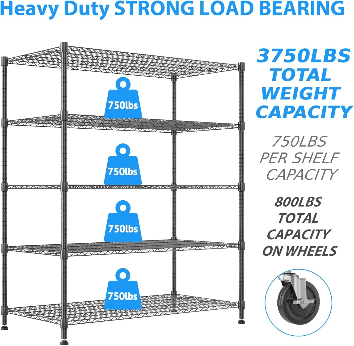 Heavy Duty Storage Shelves, 5 Tier Wire Unit with Wheels. Adjustable Metal Shelves for Garage, Pantry, Kitchen. 24"x60"x82"Black