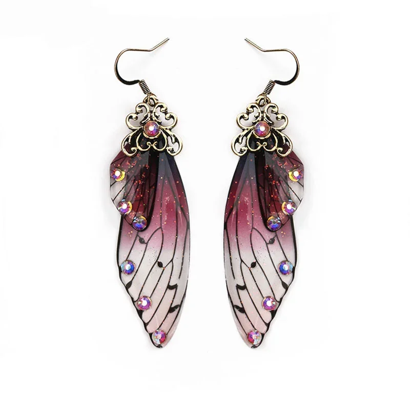 Fashion Handmade Femme Wing Drop Earrings Purple Resin Fairy Cicada Wings Earrings Rhinestone Purple Vintage Jewelry drop earrings,dangle earrings