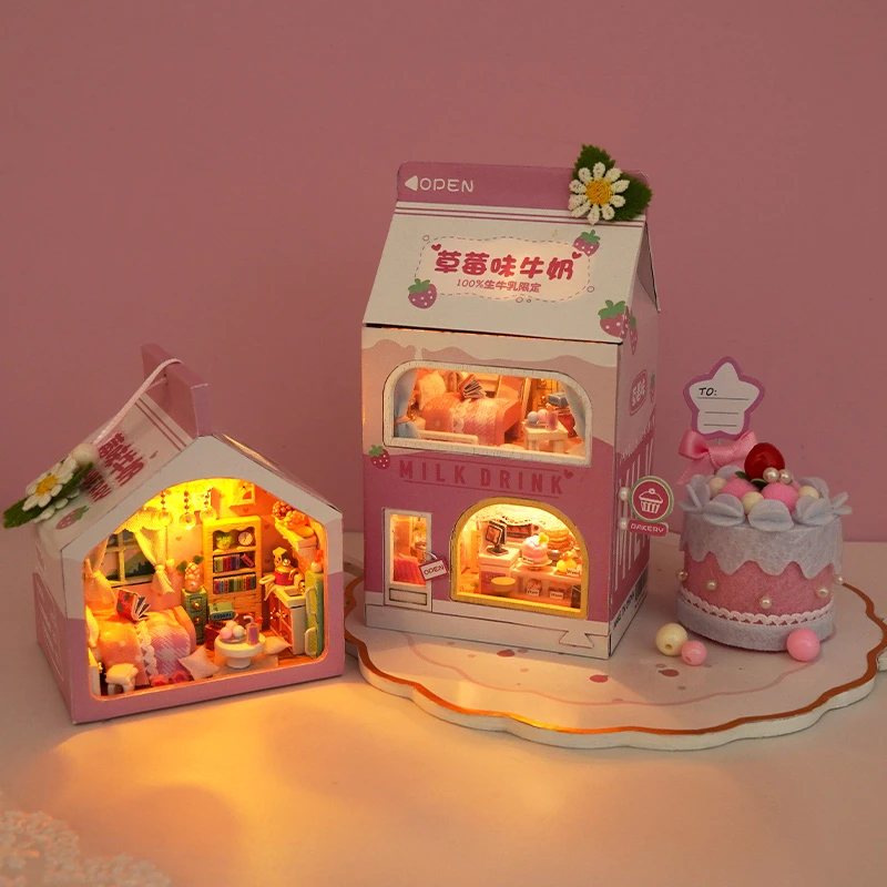 DIY Wooden Mini Cake Bedroom Milk Drink Casa Doll Houses Miniature Building Kits with Furniture Light Dollhouse for Adults Gifts 3