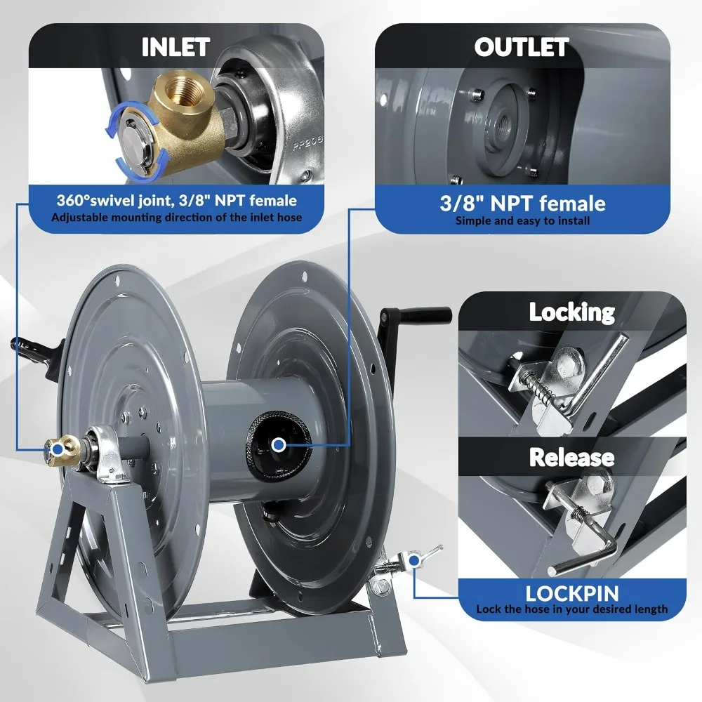 Manual Crank 300-Foot Heavy Duty Hose Reel for Pressure Washers with 3/8-Inch Diameter and M22 Fitting, Suitable for Wall, Floor