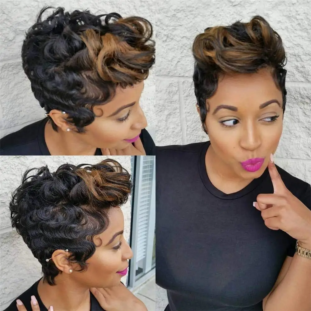 Short Black Wig with Mixed Brown Bangs Natural Short Haircuts for Women Synthetic Short Wigs for Black Women