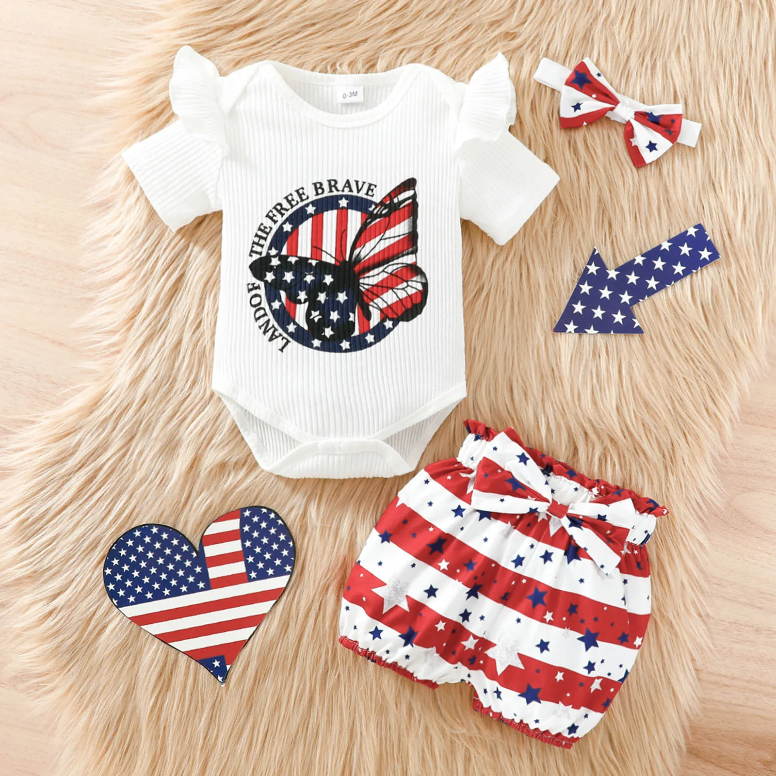 

Infant Baby Girl Independence Day Clothes Butterfly Bodysuit+Star Printed Pants With Headband 4th of July Outfit Sets For Girls