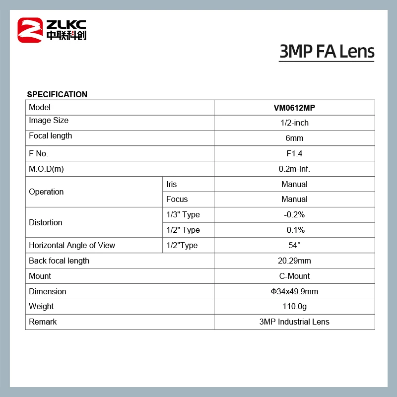 ZLKC    FA C Ʈ  ˻  ī޶,   , 1/2 ġ  F1.4, 3MP, 6mm