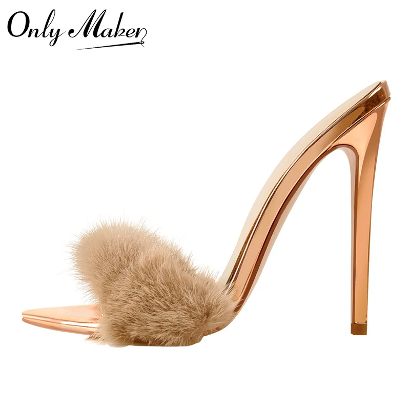 Women Peep Toe Mules Artificial Fur Slip On Gold White Thin High Sandals Big Size Summer Heels