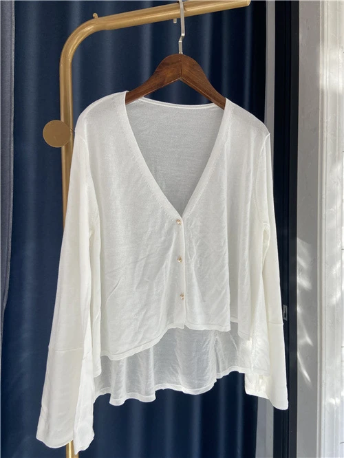 Kuzuwata 2022 Summer New UV Protection Cardigan V Neck Pearl Button Front Short Back Long Knit Outerwear Japanese Softable Top 新作入荷-超特価 herlipto Cardigan Dress Knit UV カーディガン/ボレロ