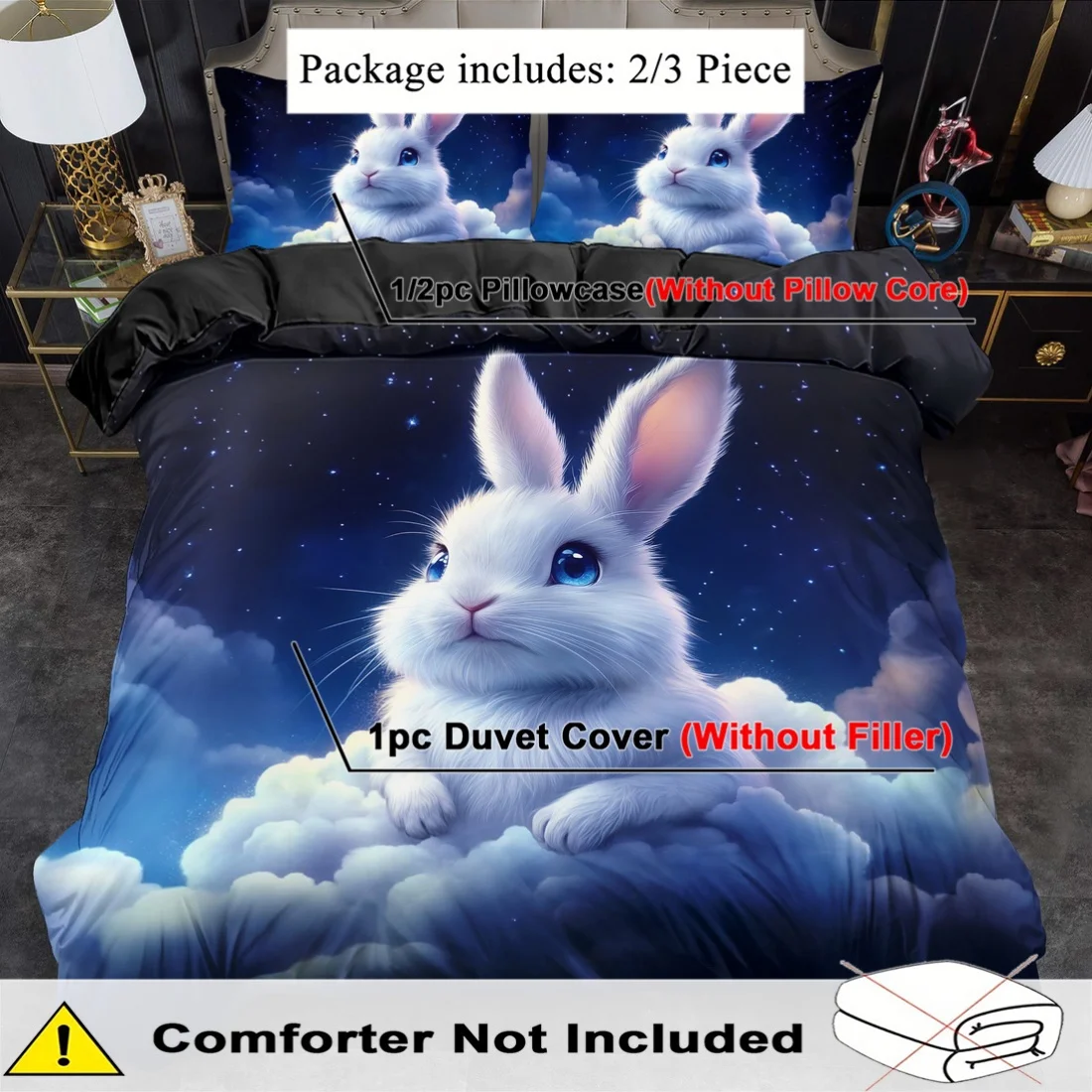 2/3pcs Quilt Cover Set, Cartoon Animal Bunny Printed Duvet Cover Set, King Queen Style Bedding Set, Polyester Machine Washable