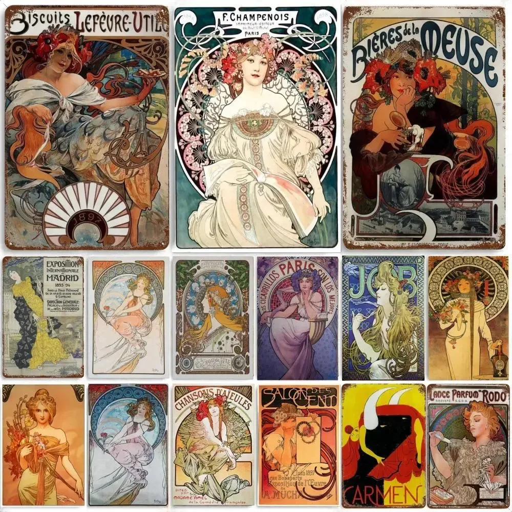 Alphonse Mucha 포스터 핀 업 소녀 금속 주석 사인 아트 페인팅 장식 벽판, 바 카페 거실 홈 벽 장식
