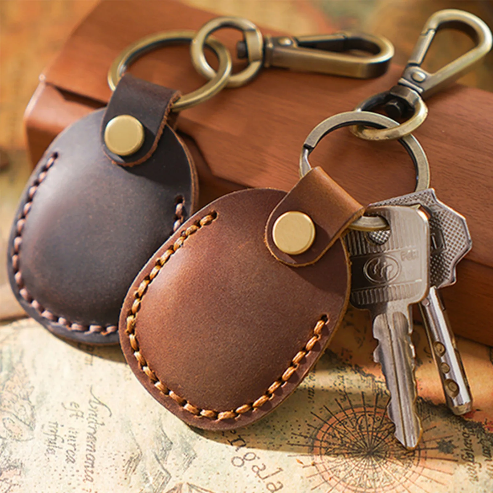Premium Genuine Leather NFC Access Card & Airtag Holder with Key Ring - Handmade Keychain and Protector Cover
