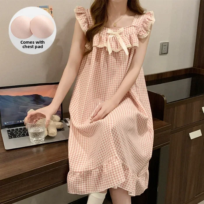 thumbnail image 1 of Vestido de dormir sin mangas a cuadros para mujer, camisón de algodón con burbujas de tejido fino, almohadilla fija holgada para el pecho, ropa de casa, verano, 1 of 4