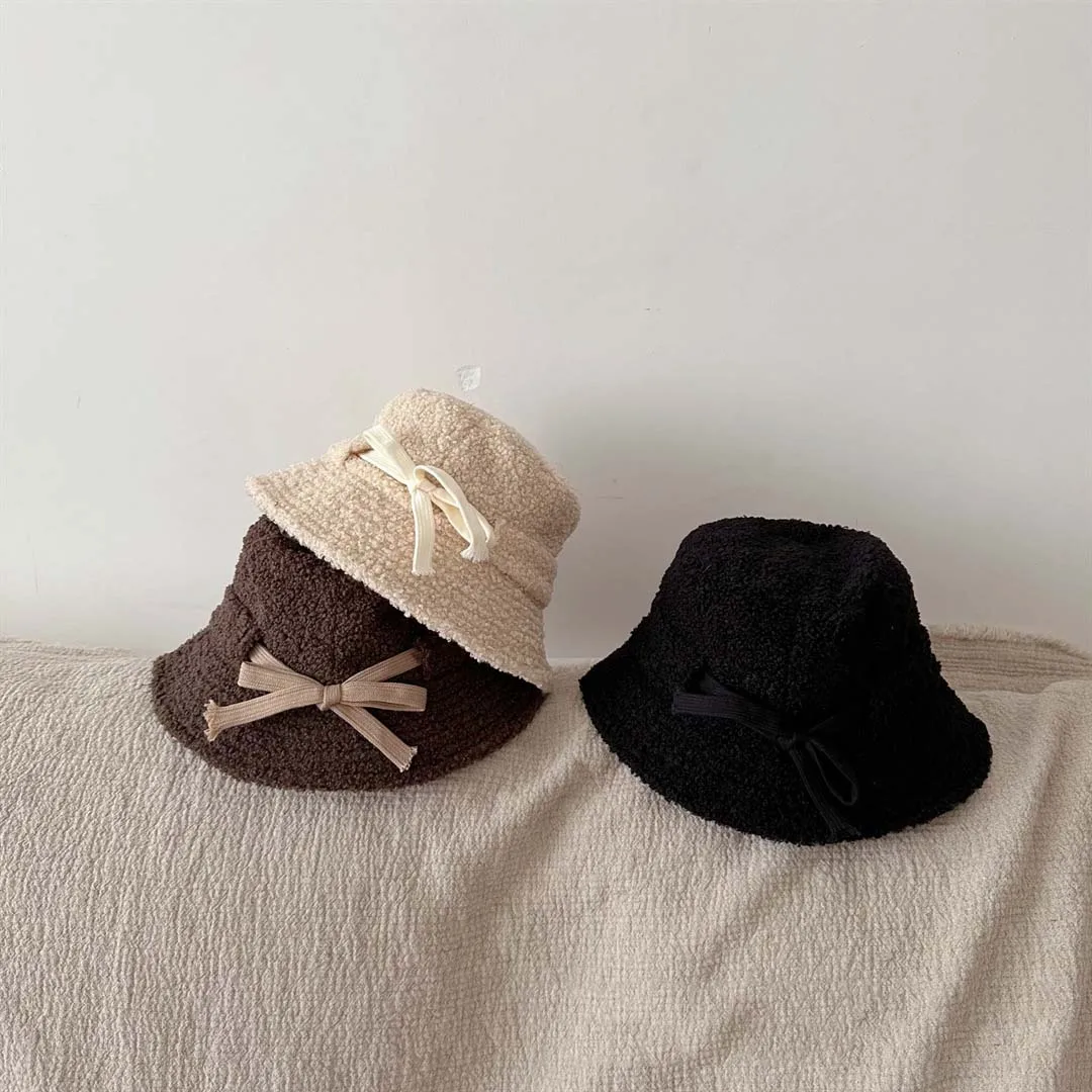 Cute Bow Plush Kids Bucket Hat 2023 Autumn Winter Children's Big Bri Lamb Fleece Solid Color Girls Boys Fisherman Hat