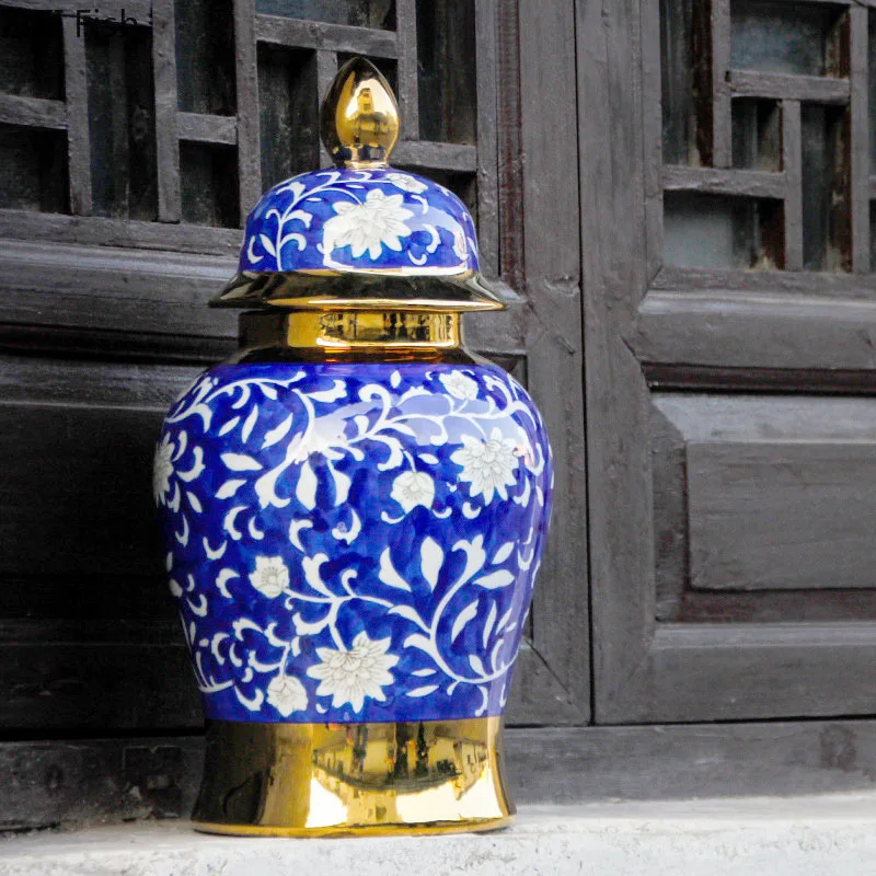 

Blue and White Porcelain General Jar Ginger Jar Gold Plated Ceramic Storage Jar Cosmetic Containers Decorative Floral Vases