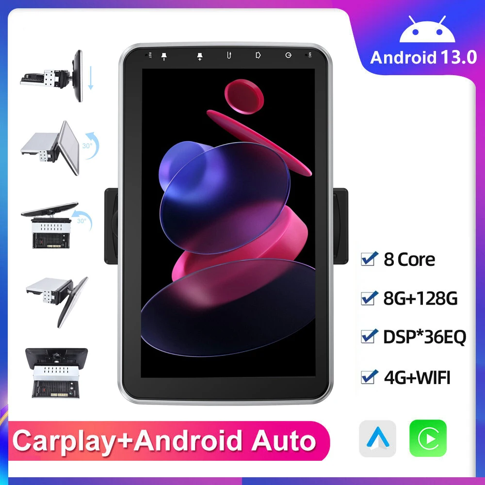 

Автомагнитола 1DIN, 10,1 дюйма, Android 13, автомобильная стереосистема, автомобильное радио, MP5, мультимедийный плеер, вращающийся сенсорный экран IPS