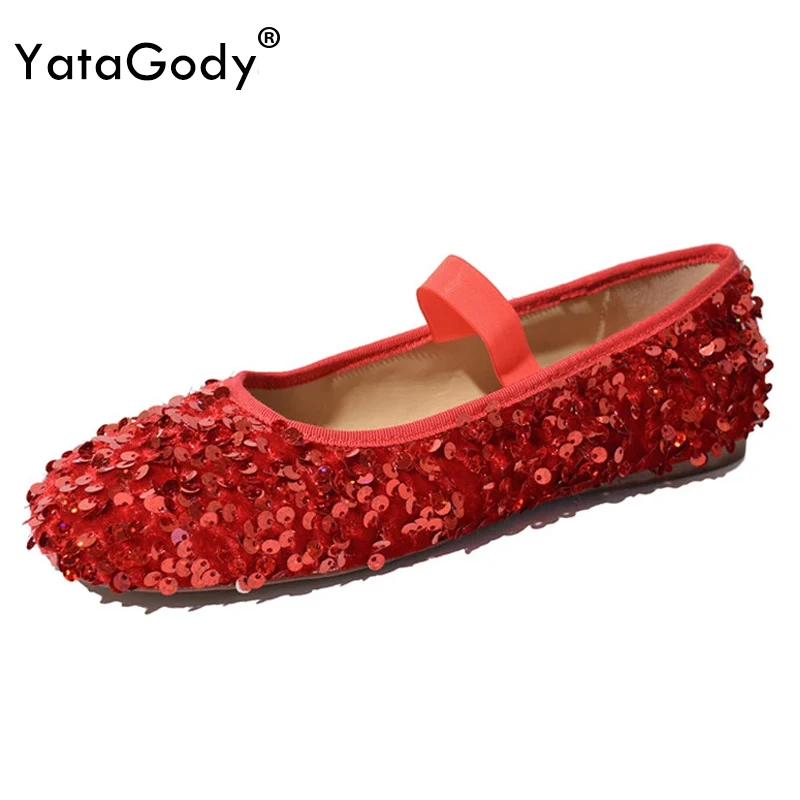 

YATAGODY Size 34-40 Glitter Ballet Flats Shoes For Women Sparkly Sequin Low Heels Shoes 2024 Spring Soft Dance Ins Bling Dress