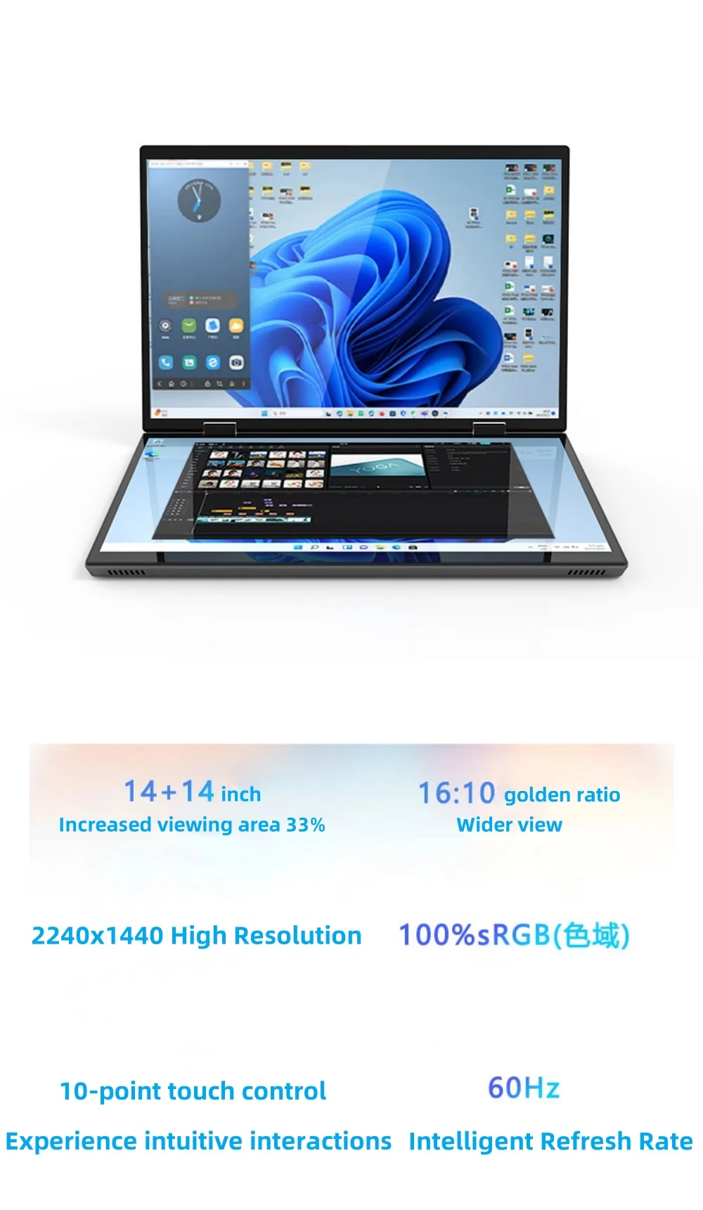 Scb33ee5b9a644436bffb84ce016e9852H Dual Screen Laptop Intel N95 Processor 14“+14” touch Gaming Laptop DDR4 32GB 1TB 2TB SSD Notebook Computer