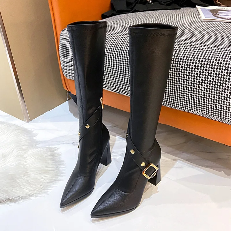 

Buckle Strap Women Shoes Pointed Toe Botte Femme Knee High Long Boots Black Thick Heels Solid Color PU Leather Zapatos Mujer