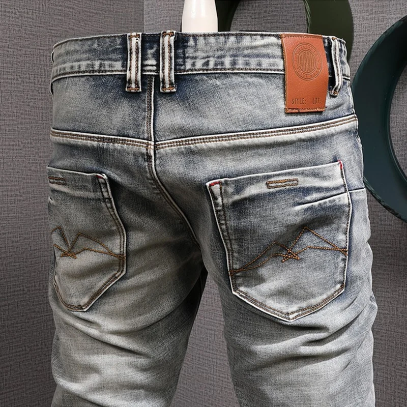 Fashion Vintage Men Jeans Retro Gray Blue Elastic Slim Ripped Jeans Men Embroidery Designer Trousers Trendy Denim Pants Hombre