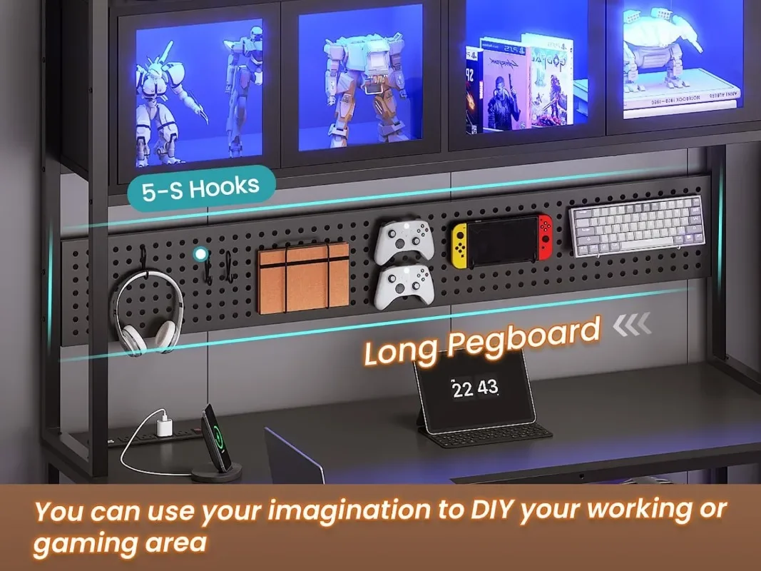 L Shaped Gaming Desk with Drawers, L Shaped Computer Hutch and Storage Shelves, Gaming Desk with Pegboard, Led Lights 6